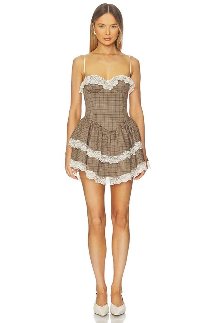 MAJORELLE Dolly Mini Dress in Brown Multi Plaid Size Medium MSRP $249